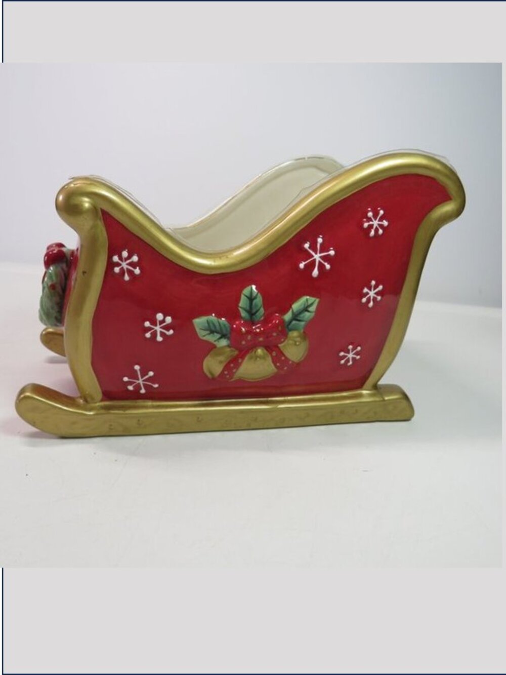 Fitz and Floyd Festive Bells Ceramic Santa Sleigh Planter Christmas Sled Tray